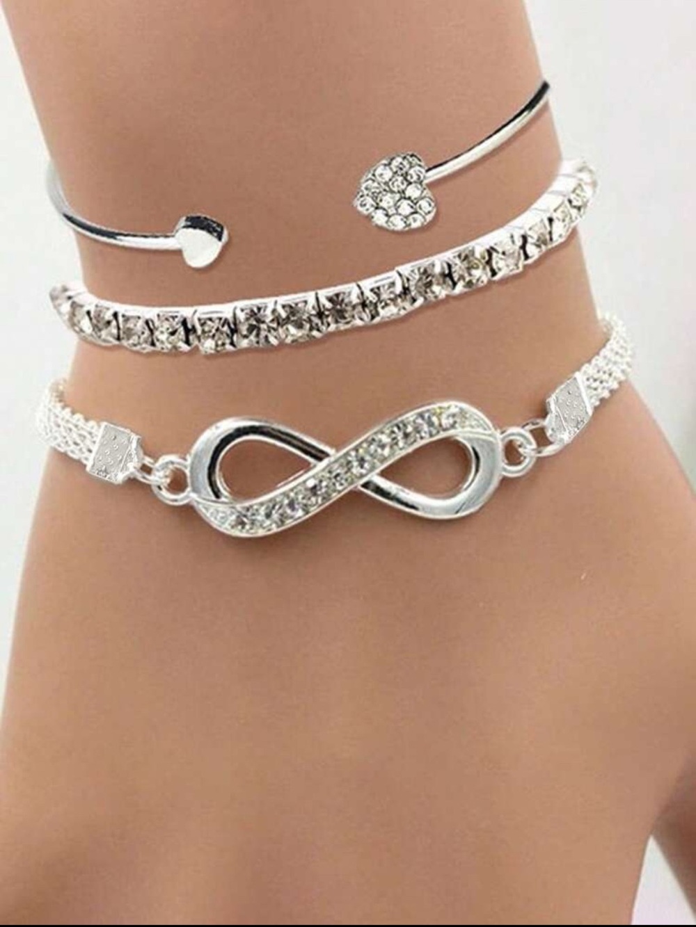 Silver Crystal Infinity & Heart Stack Bracelet Set - Women Accessories